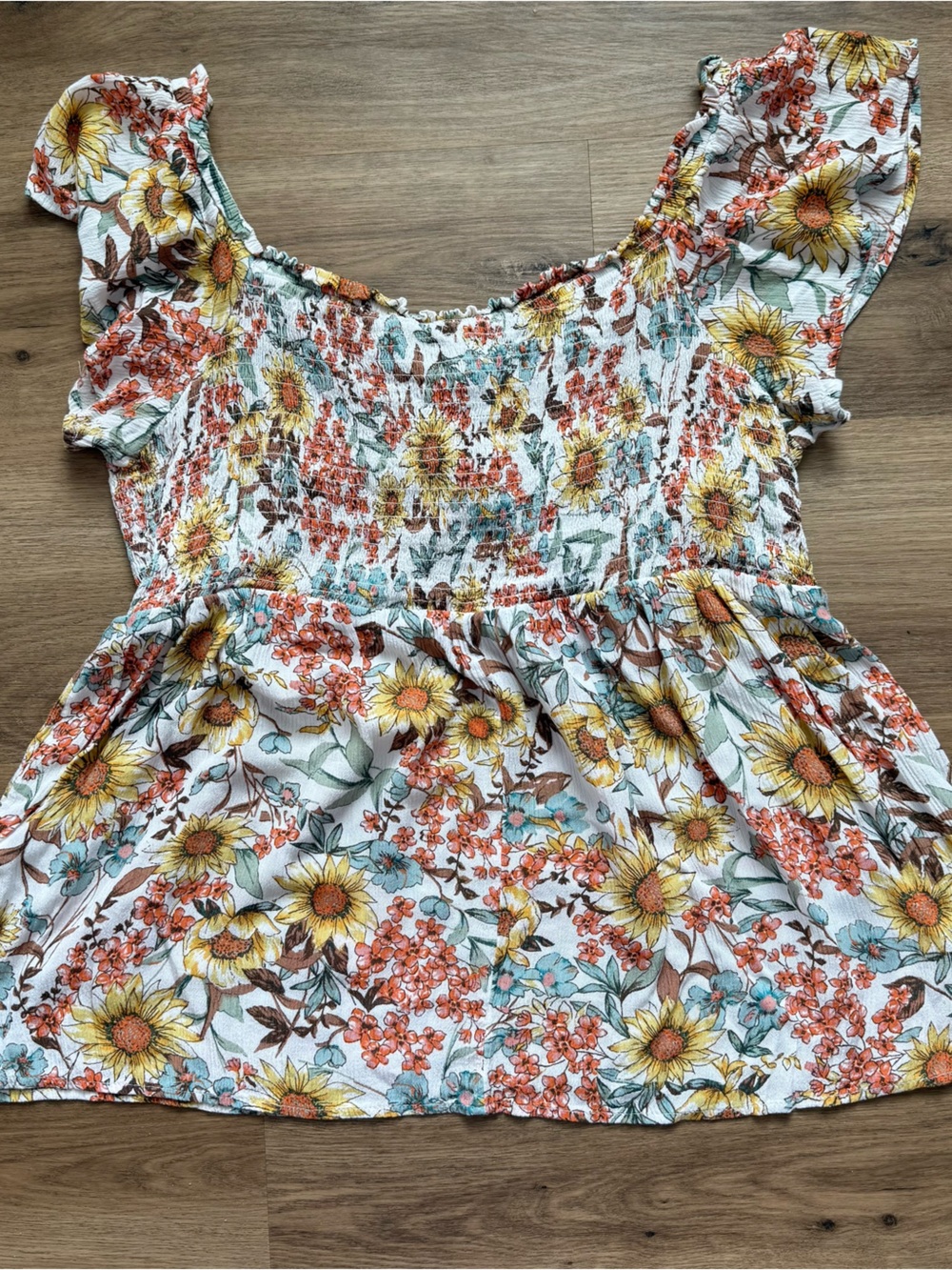 Smocked Women’s Milkmaid Tie Front Top L Floral Print Boho Cottagecore - Picture 4 of 6